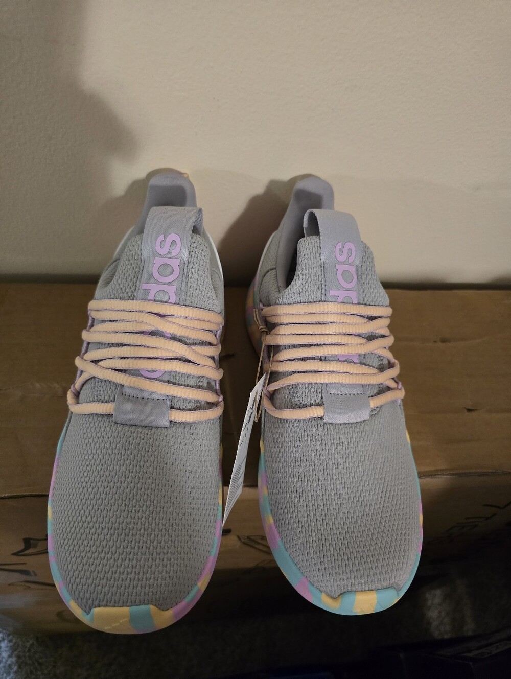 adidas Women’s Light Gray Knit Sneakers with Pastel Peach Laces